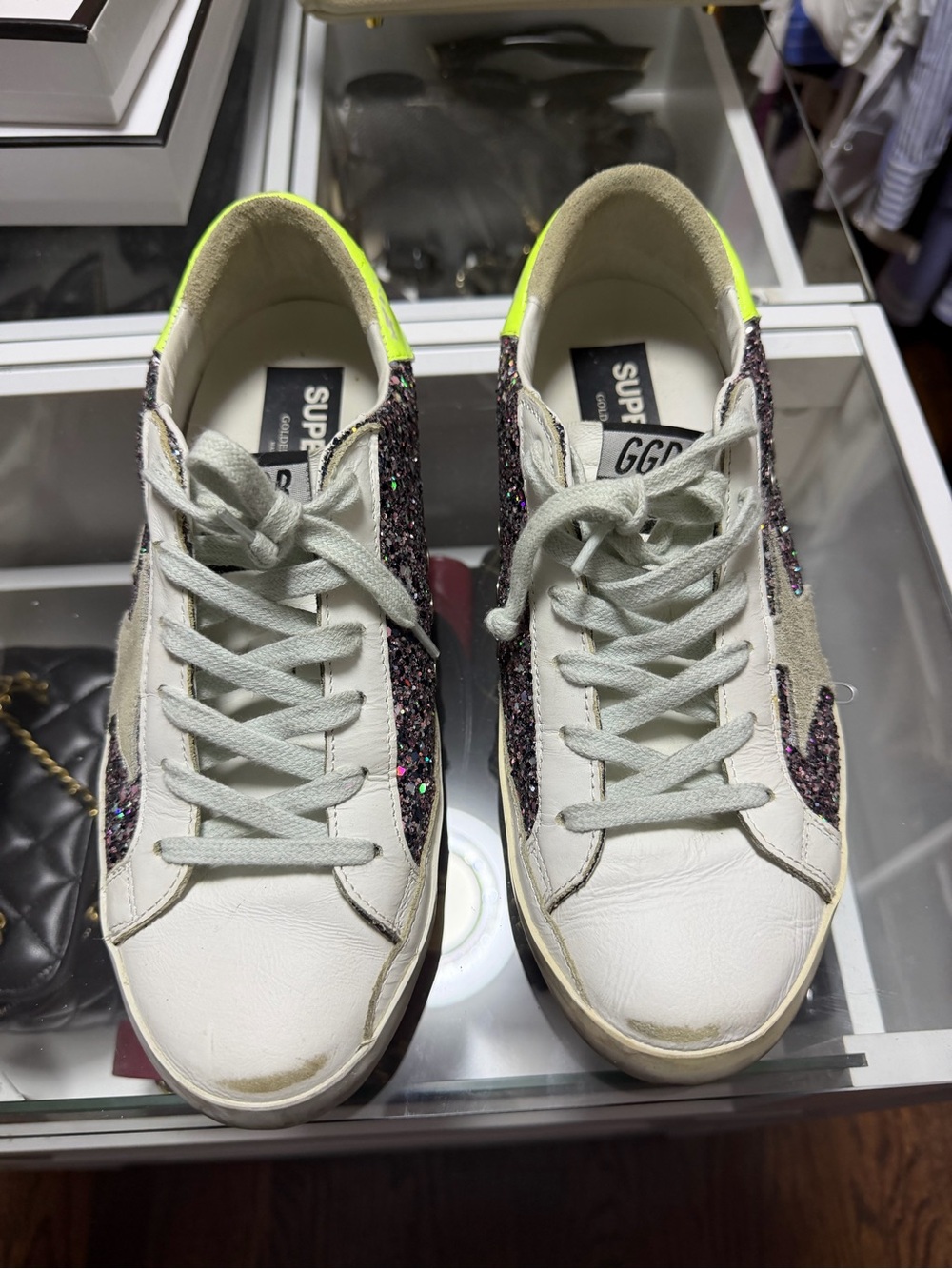 GGDB Style White Leather Sneakers with Glitter Accents and Neon Heel